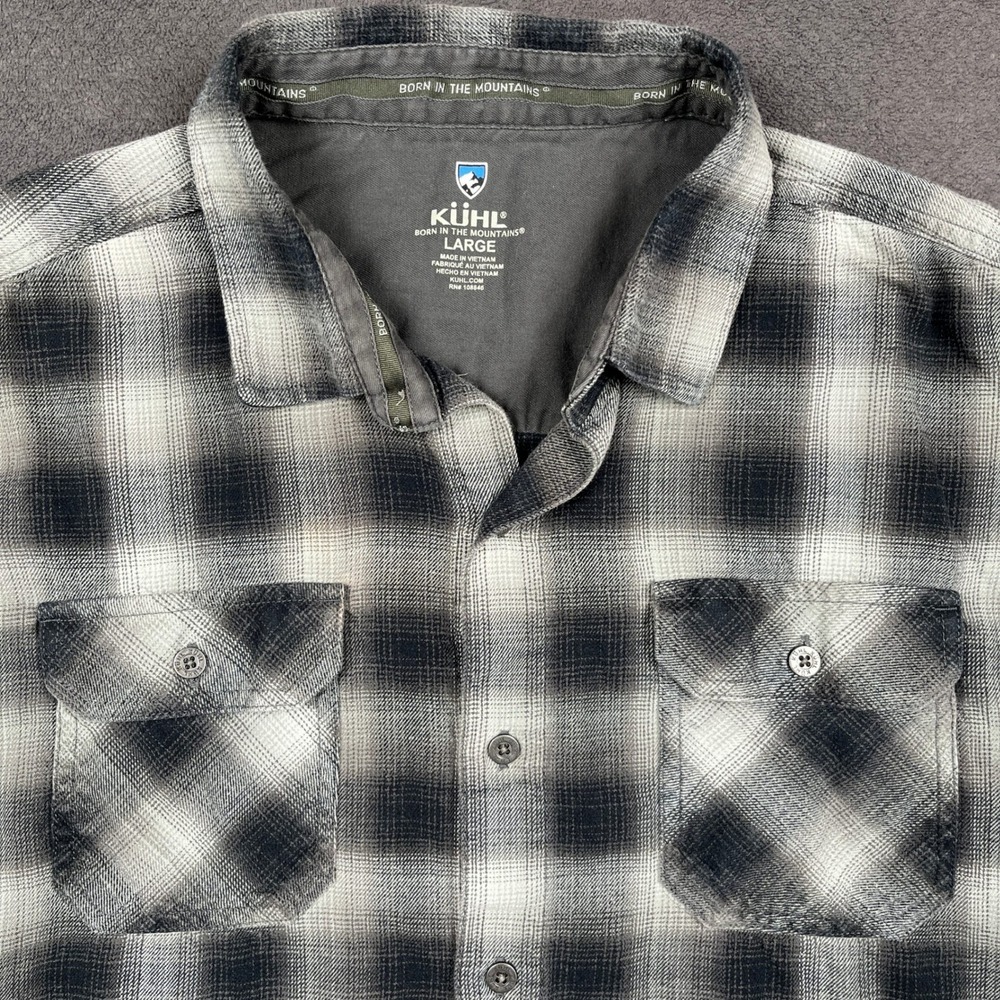 KUHL Dillingr Flannel Shirt Mens Large Gray Black Plaid Button Up Long Sleeve